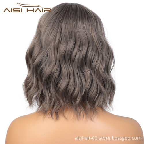 Aisi Hair Short Wavy Short Bob Gray Wig With Neat Bangs Body Wave Wig Heat Resistant Synthetic Fiber Wigs For Black White Women
